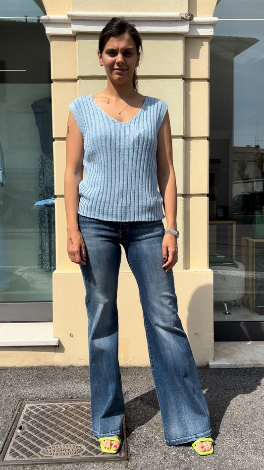 IDILLI'S - CANOTTA IN MAGLIA SCOLLO A V - CELESTE