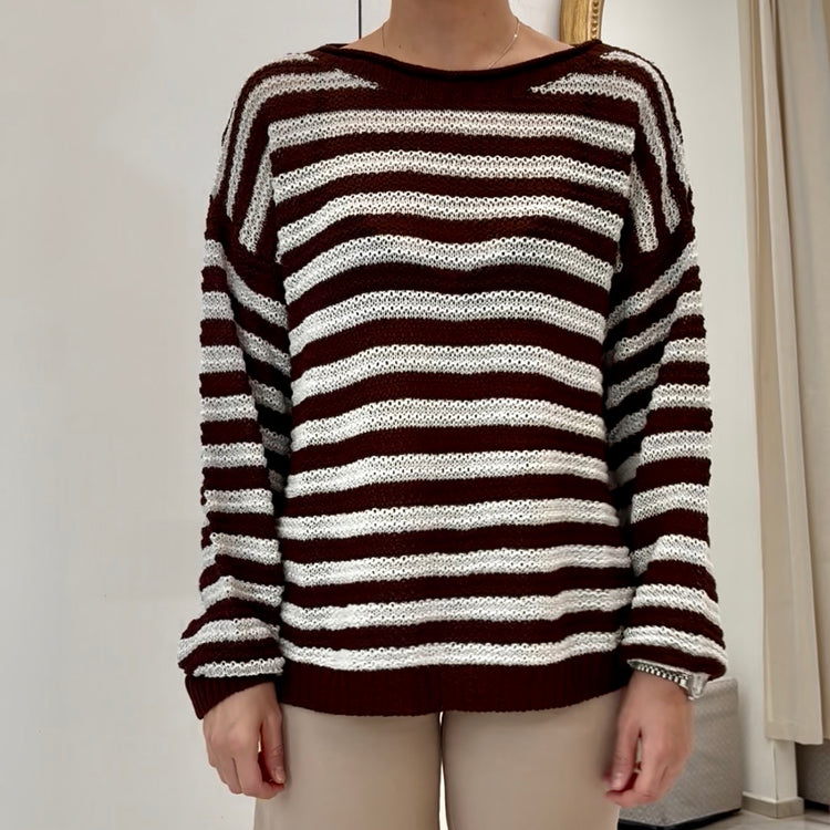 TENSIONE IN - MAGLIA PARICOLLO RIGHE - LATTE/MORO