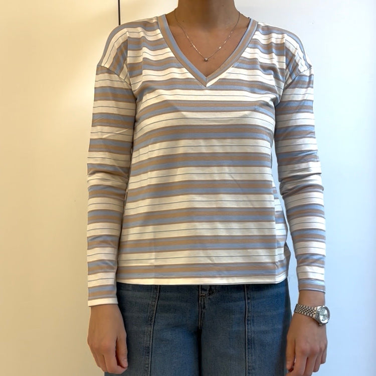SUSY MIX - MAGLIA SCOLLO V RIGATA - BEIGE