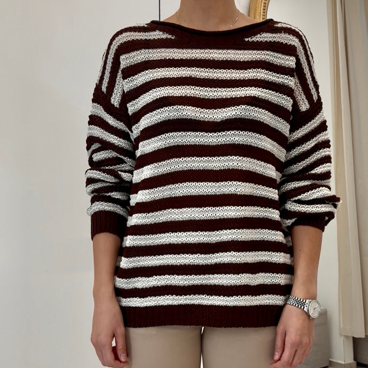 TENSIONE IN - MAGLIA PARICOLLO RIGHE - LATTE/MORO