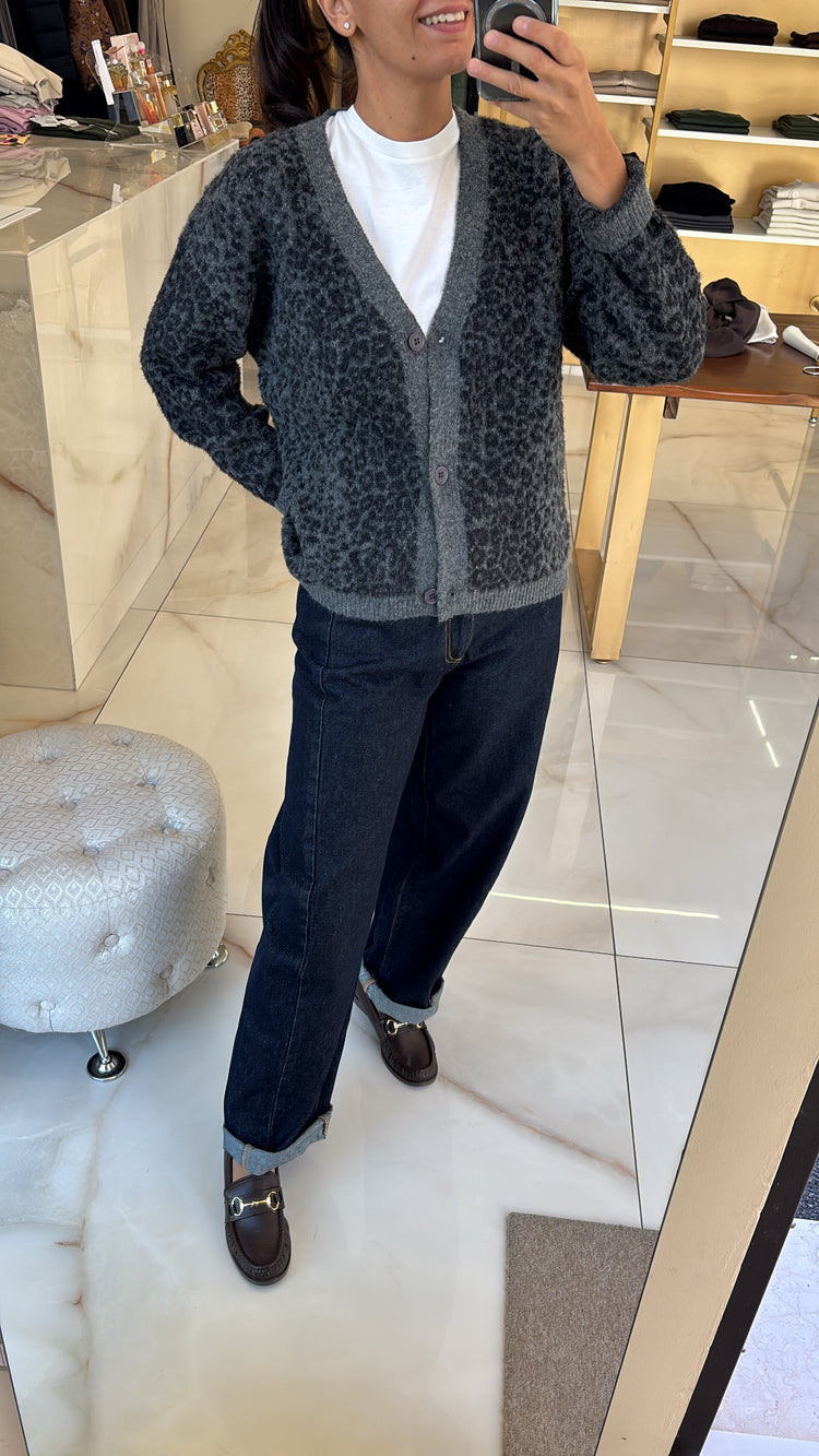 SUSY MIX - CARDIGAN STAMPA LEOPARDATA LUREX - GRIGIO