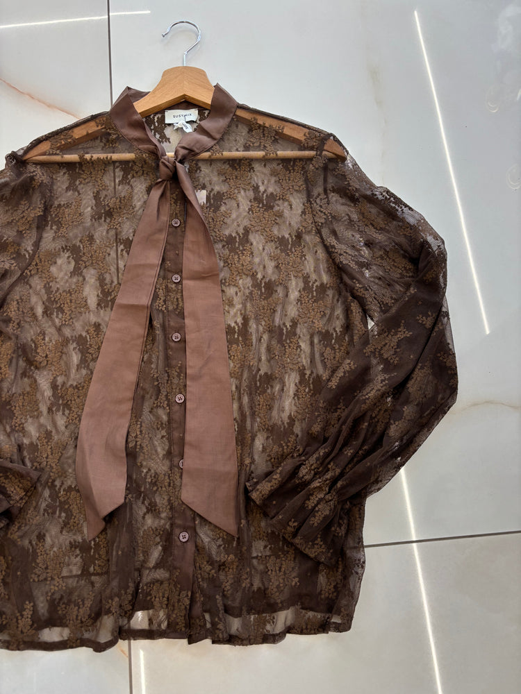 Susy mix - Maglia pizzo e fiocco  - marrone