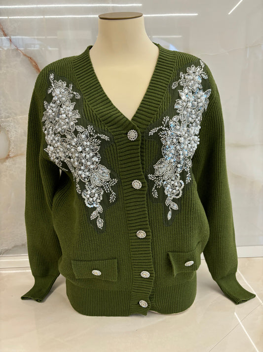 CARDIGAN - RICAMO - VERDE BOTTIGLIA