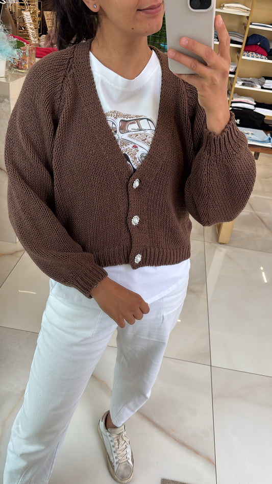 HAVEONE - CARDIGAN TRE BOTTONI GIOIELLO - MOKA