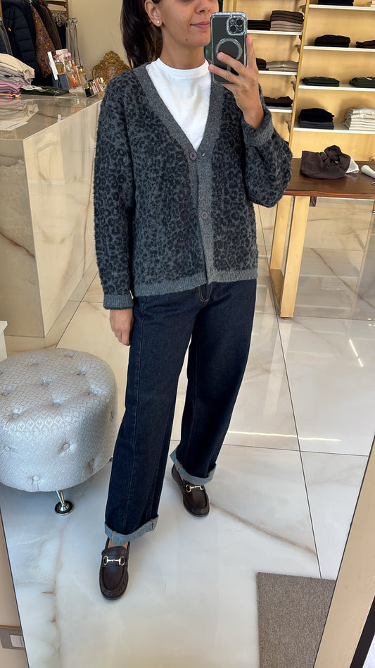 SUSY MIX - CARDIGAN STAMPA LEOPARDATA LUREX - GRIGIO