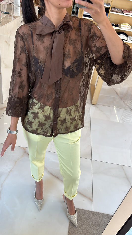 Susy mix - Maglia pizzo e fiocco  - marrone