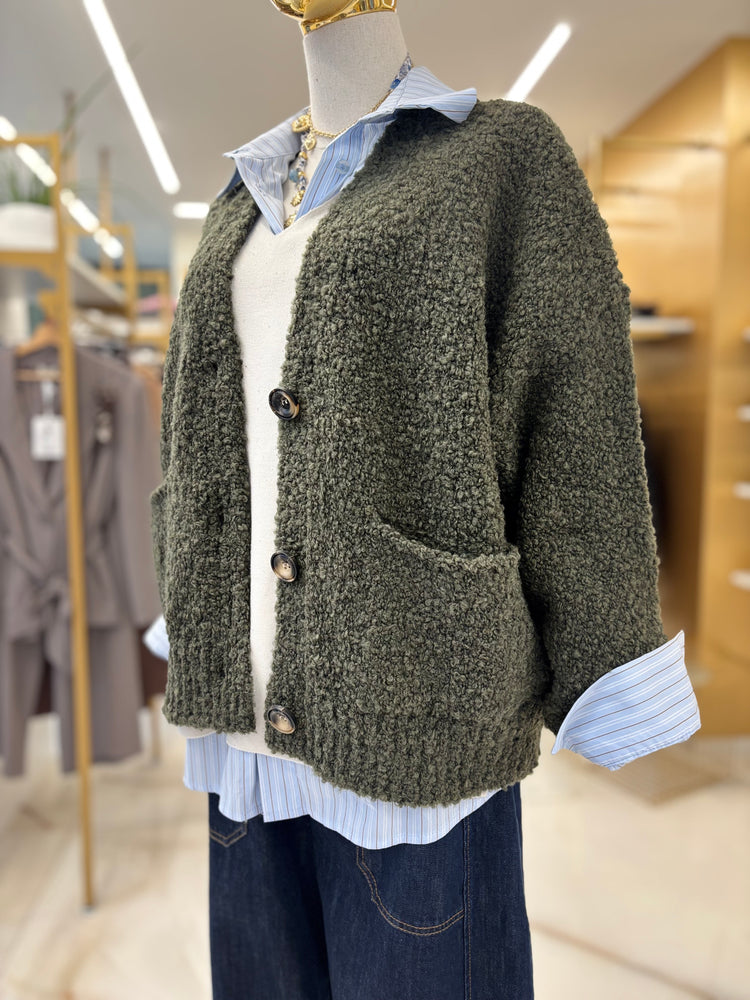 SUSY MIX - CARDIGAN BOUCLE - VERDE MILITARE