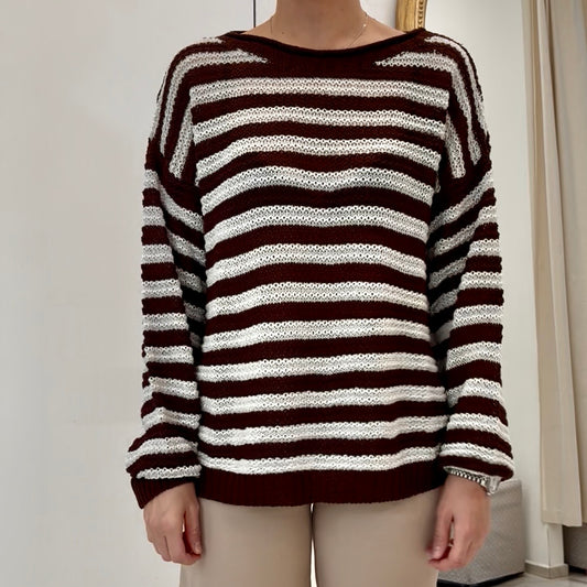 TENSIONE IN - MAGLIA PARICOLLO RIGHE - LATTE/MORO