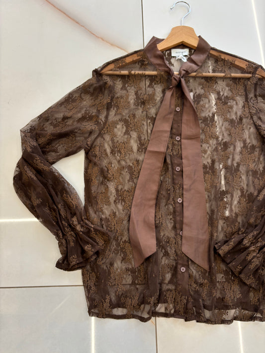 Susy mix - Maglia pizzo e fiocco  - marrone