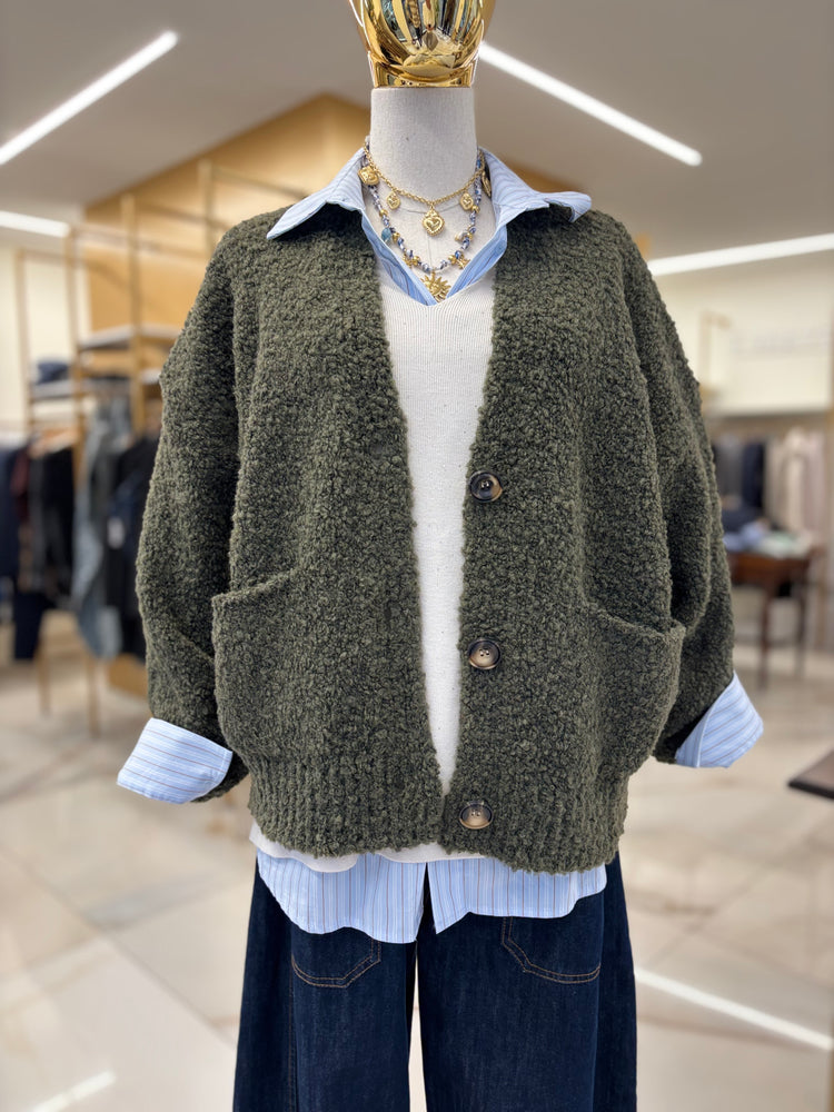 SUSY MIX - CARDIGAN BOUCLE - VERDE MILITARE