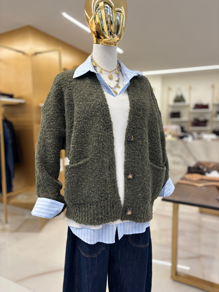 SUSY MIX - CARDIGAN BOUCLE - VERDE MILITARE