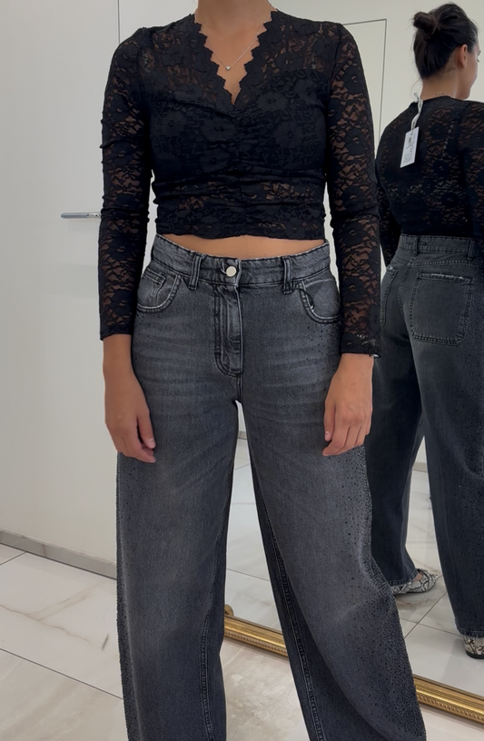 SUSY MIX - MAGLIA PIZZO SCOLLO V - NERO