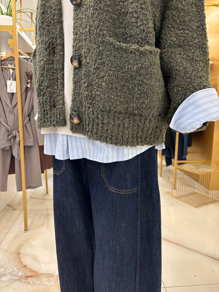 SUSY MIX - CARDIGAN BOUCLE - VERDE MILITARE