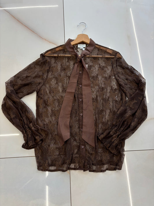 Susy mix - Maglia pizzo e fiocco  - marrone