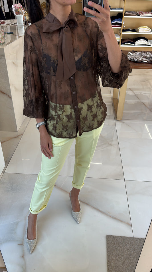 Susy mix - Maglia pizzo e fiocco  - marrone
