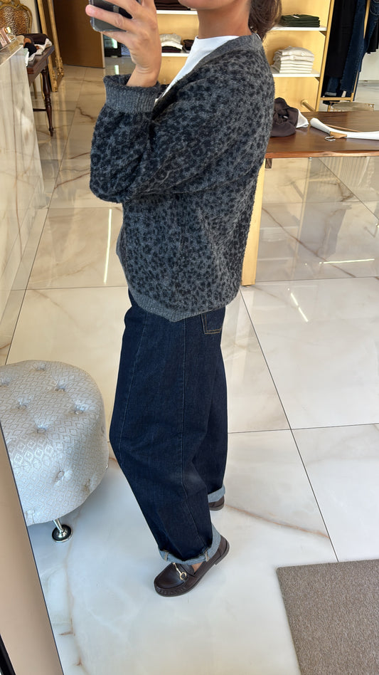 SUSY MIX - CARDIGAN STAMPA LEOPARDATA LUREX - GRIGIO