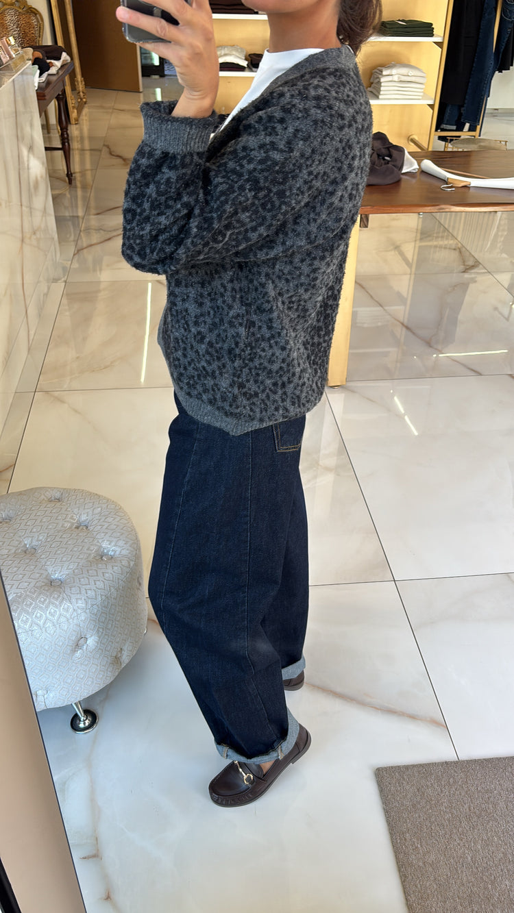 SUSY MIX - CARDIGAN STAMPA LEOPARDATA LUREX - GRIGIO