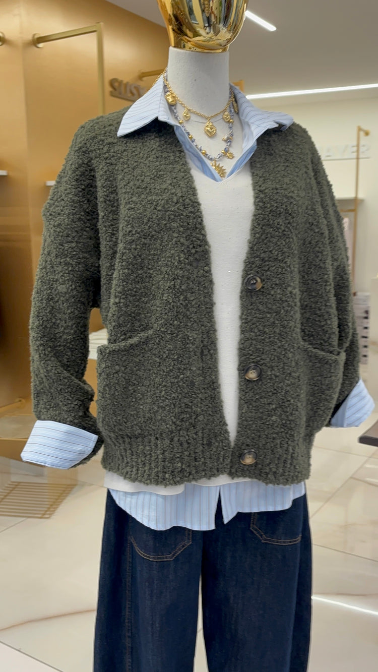 SUSY MIX - CARDIGAN BOUCLE - VERDE MILITARE