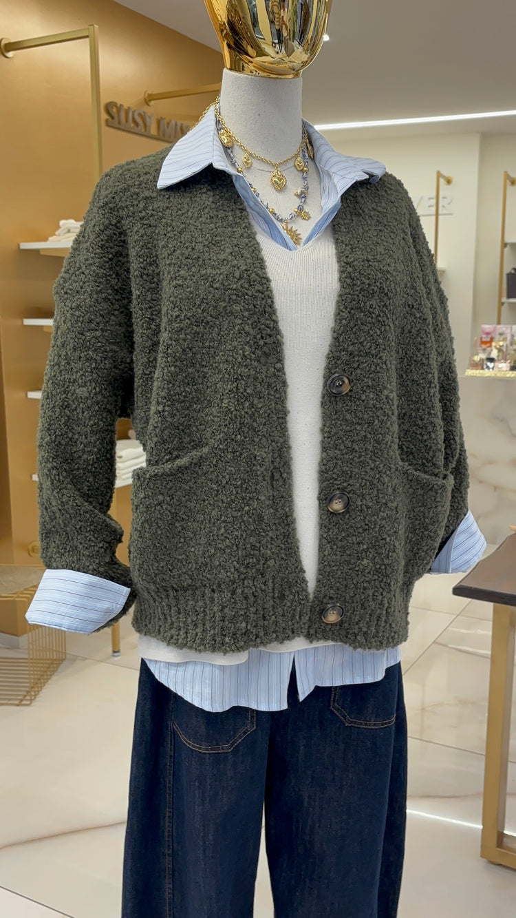 SUSY MIX - CARDIGAN BOUCLE - VERDE MILITARE