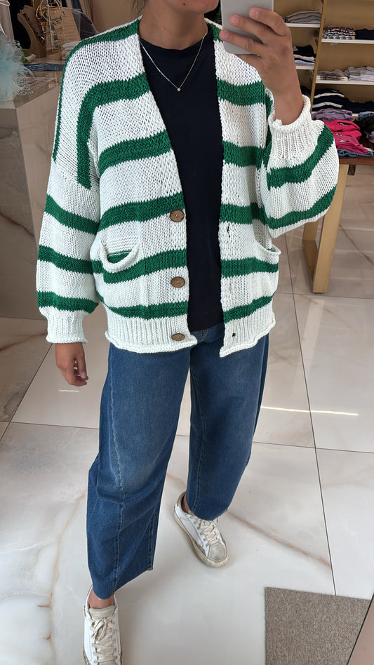 HAVEONE - CARDIGAN TRE BOTTONI LEGNO - VERDE E BIANCO