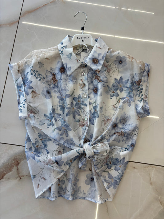 Susy mix - Camicia Fiori  - Celeste