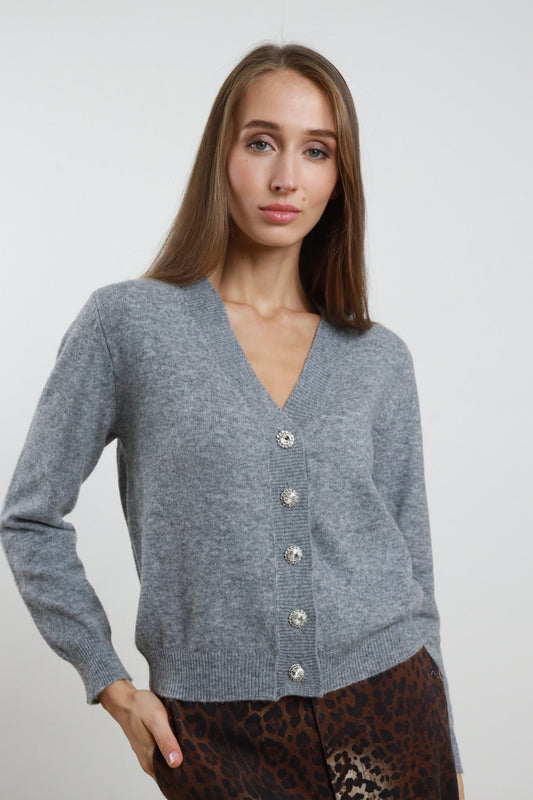 SUSY MIX - CARDIGAN BOTTONE GIOIELLO -  GRIGIO