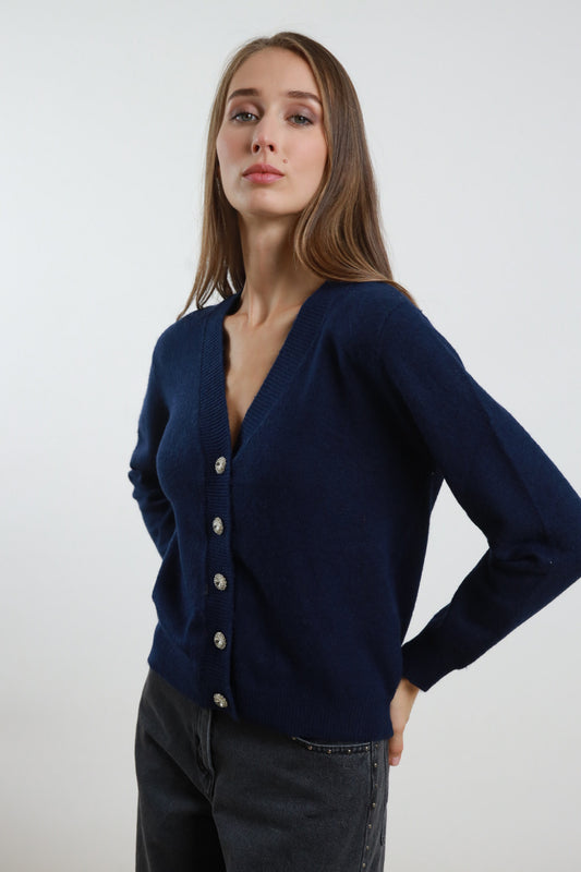 SUSY MIX - CARDIGAN BOTTONE GIOIELLO -  BLU