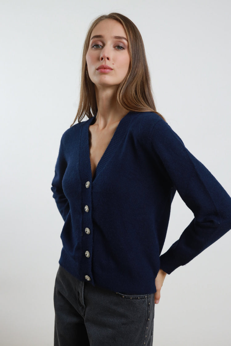 SUSY MIX - CARDIGAN BOTTONE GIOIELLO -  BLU