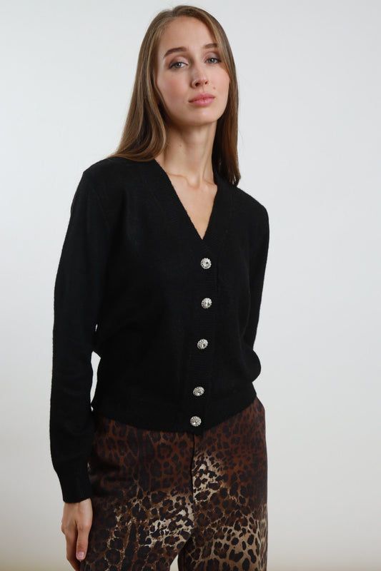SUSY MIX - CARDIGAN BOTTONE GIOIELLO -  NERO