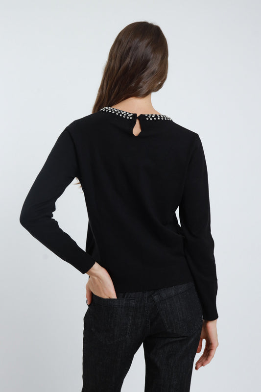 SUSY MIX - MAGLIONCINO GIROCOLLO STRASS - NERO