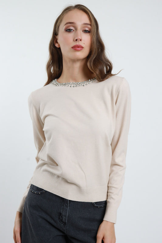 SUSY MIX - MAGLIONCINO GIROCOLLO STRASS - GRIGIO