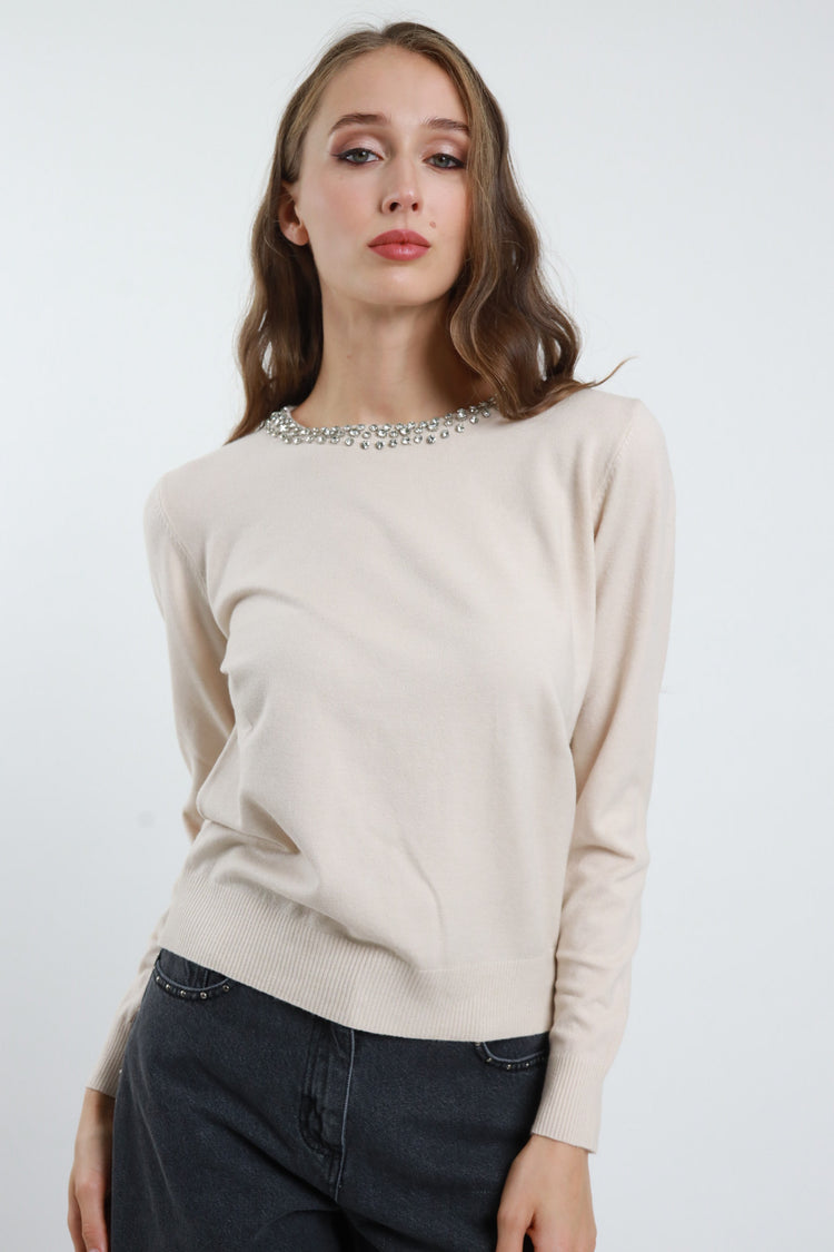 SUSY MIX - MAGLIONCINO GIROCOLLO STRASS - GRIGIO