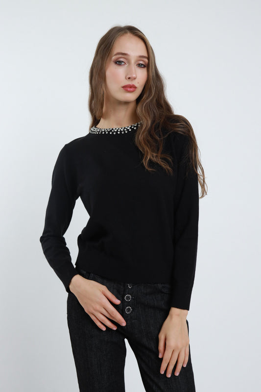 SUSY MIX - MAGLIONCINO GIROCOLLO STRASS - NERO