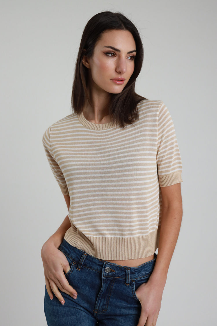 SUSY MIX - MAGLIA MEZZE MANICHE RIGATA - BEIGE